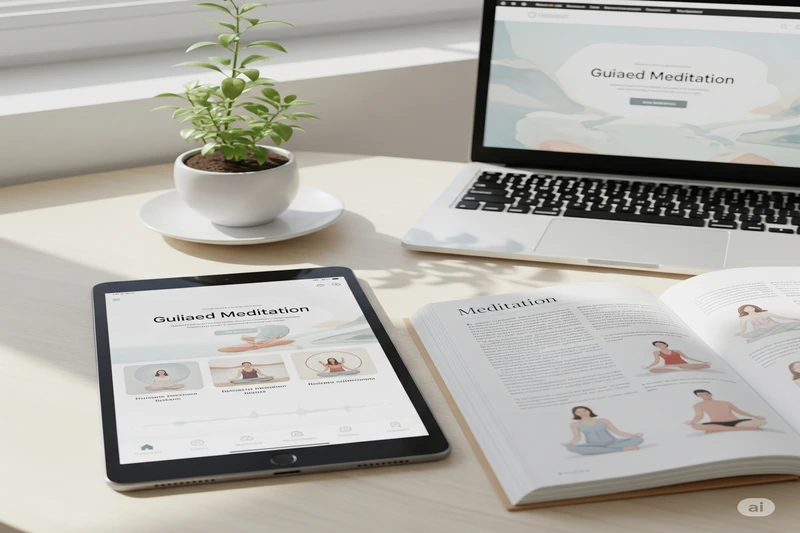 Tablet e laptop exibindo interfaces de aplicativos e sites de meditação, com um livro sobre o tema e uma planta, simbolizando recursos confiáveis para meditação guiada.