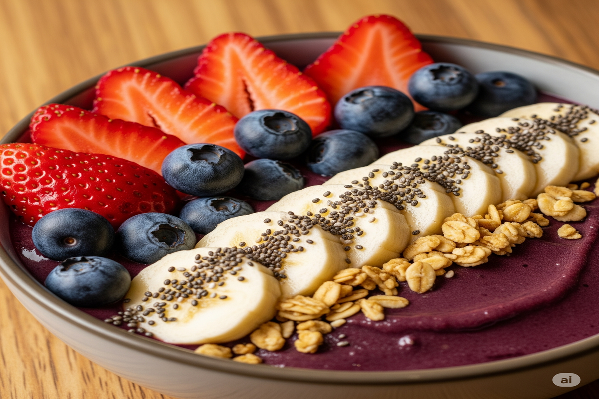 Açaí bowl saudável com frutas frescas, granola e chia, destacando os benefícios do açaí para nutrição e imunidade.