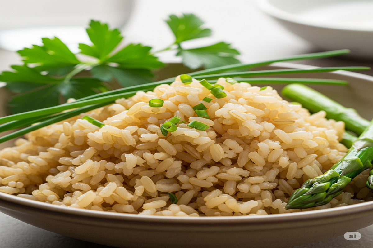 Tigela de arroz integral cozido com cebolinha picada e aspargos frescos, simbolizando uma refeição saudável e nutritiva.