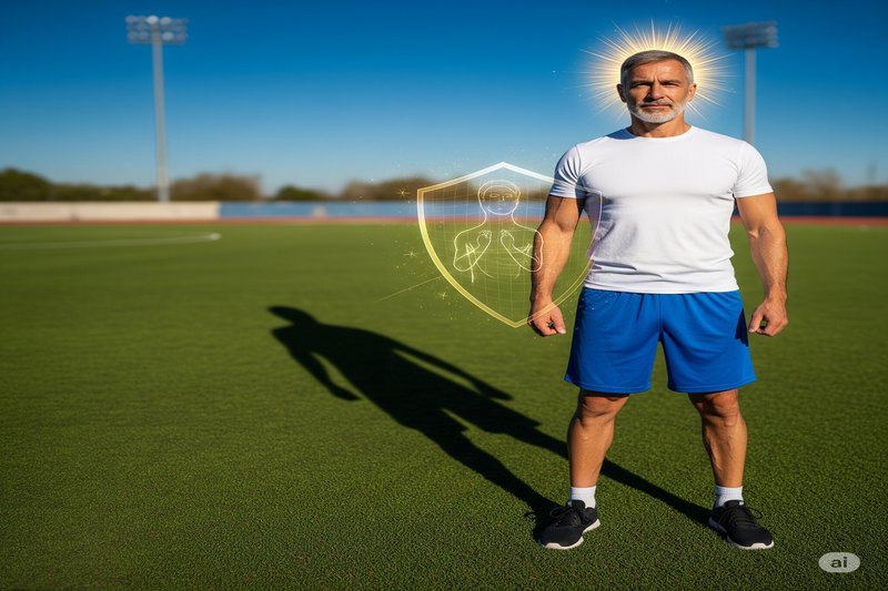 Um homem em um campo de futebol, com uma auréola luminosa ao redor da cabeça e um escudo protetor translúcido com um desenho de um corpo humano, autoconhecimento