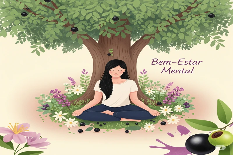 Ilustração de pessoa meditando sob uma jabuticabeira, simbolizando bem-estar mental e calma, com frutas e texto 'Bem-Estar Mental'.