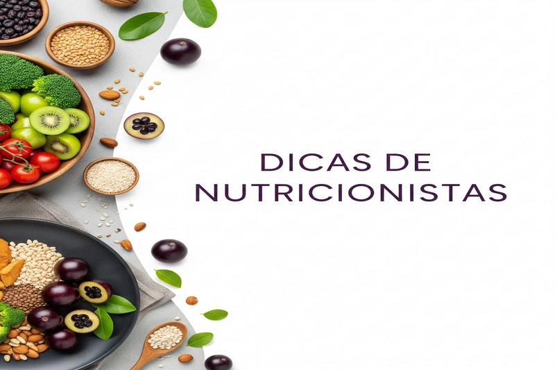 Alimentos saudáveis e jabuticabas com texto 'Dicas de Nutricionistas', representando orientação profissional para maximizar benefícios.