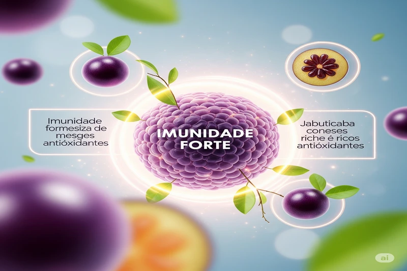 Ilustração conceitual de imunidade forte com jabuticabas e texto 'Imunidade Forte', representando o reforço do sistema imunológico.