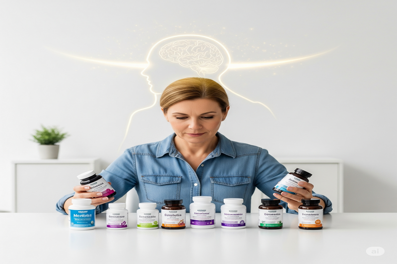 Uma mulher com expressão pensativa examinando vários frascos de suplementos, com um contorno luminoso de um cérebro sobre sua cabeça