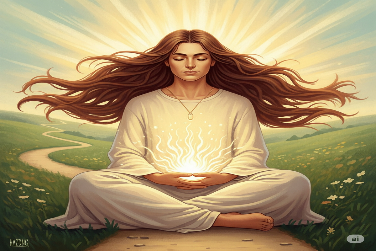 Uma pessoa em pose meditativa serena, sentada de pernas cruzadas em um campo verde, com luz dourada emanando de seu peito e da cabeça. Ao fundo, um caminho sinuoso simboliza uma jornada.