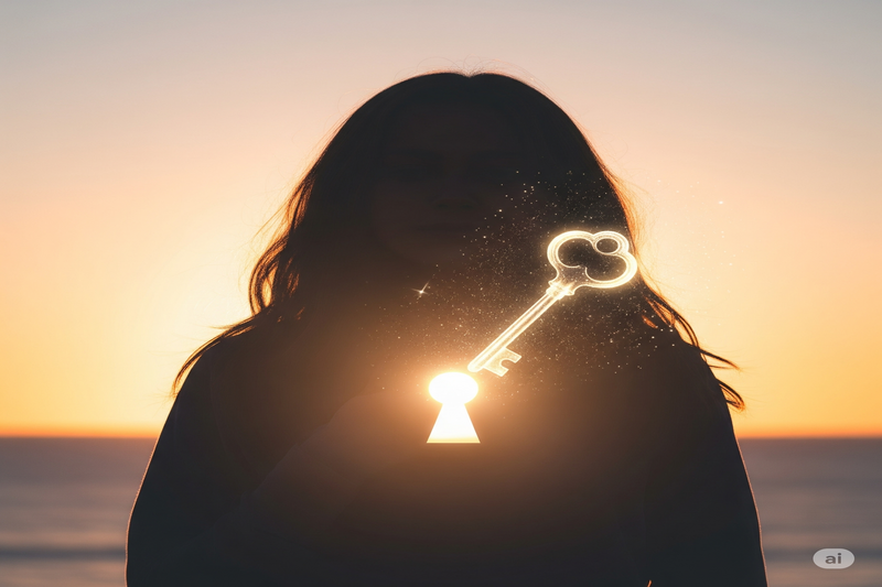 Uma silhueta de uma pessoa ao pôr do sol, com um buraco de fechadura brilhante sobre o coração e uma chave luminosa flutuando em direção a ela , autoconhecimento
