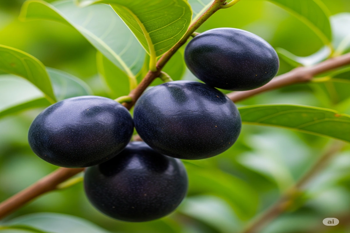 Jabuticabas frescas e maduras no pé, com folhas verdes e vibrantes ao fundo, destacando a beleza natural e a saúde da fruta.