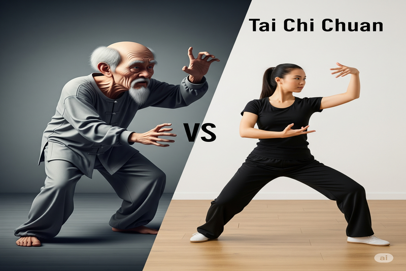 magem dividida contrastando um idoso frágil (mito) com uma mulher jovem e atlética (verdade) praticando Tai Chi Chuan.