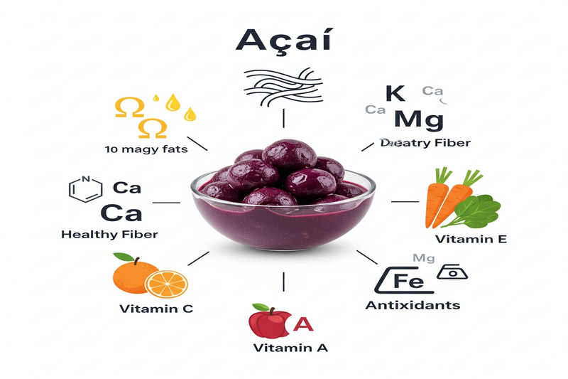 representação visual das vitaminas (A, C, E), minerais (potássio, cálcio, magnésio, ferro), gorduras saudáveis (ômega-6 e ômega-9) e fibras presentes no açaí.