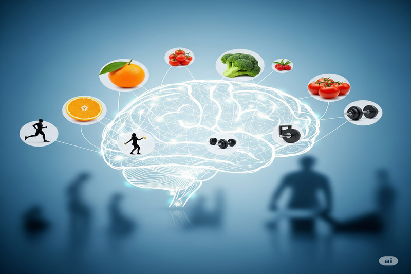 um cérebro com conexões luminosas ligando-o a ícones de alimentos saudáveis (frutas, vegetais) e atividades físicas (pessoa correndo, pesos)
