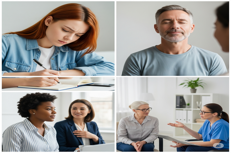 uma mulher escrevendo em um diário, um homem meditando, duas mulheres conversando (uma dando feedback), e uma mulher consultando uma terapeuta, autoconhecimento