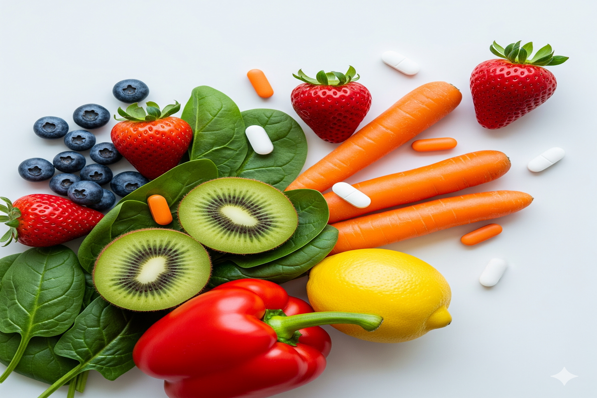 Composição de frutas, vegetais e pílulas de vitaminas em um fundo branco, simbolizando uma alimentação saudável e a suplementação.