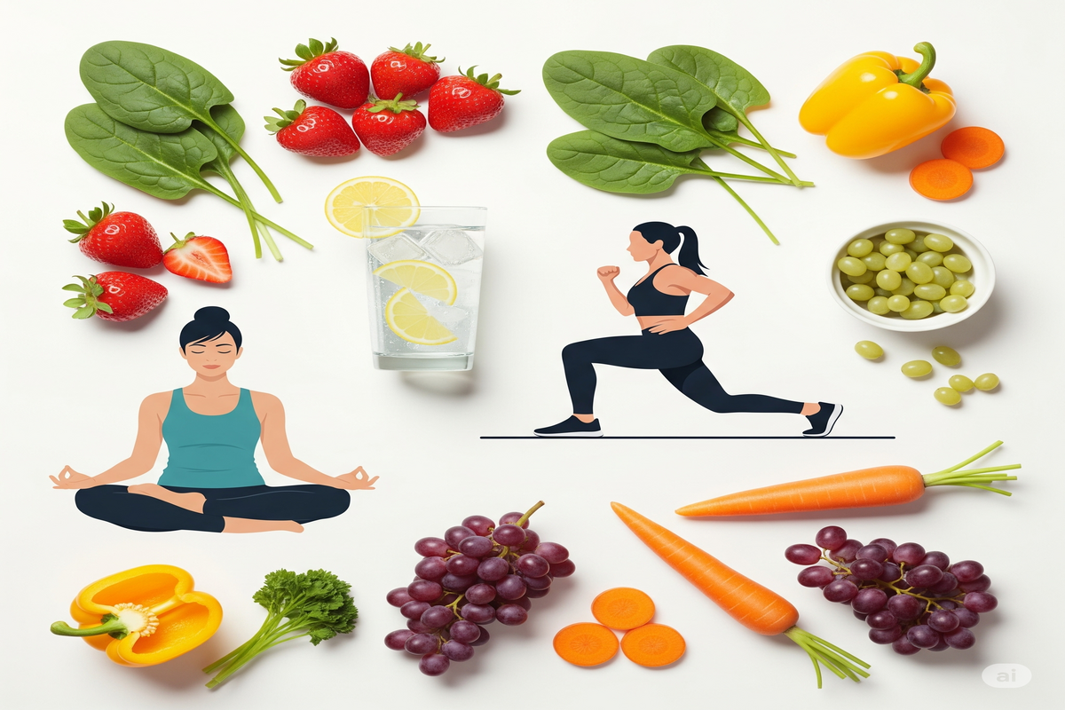 Hábitos Saudáveis pessoa meditando, outra se exercitando, e vários alimentos frescos como frutas e vegetais, dispostos harmoniosamente sobre um fundo branco.