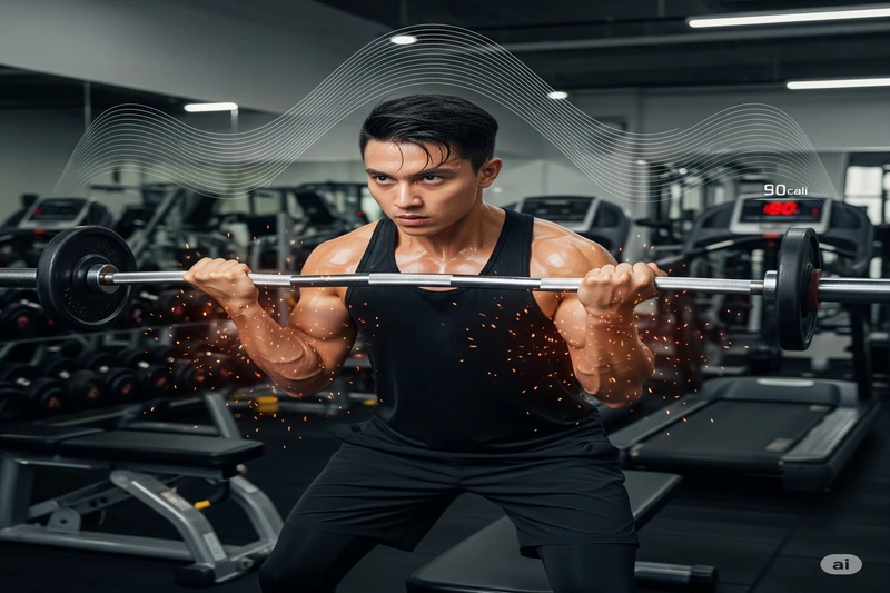  Homem levantando pesos em uma academia, representando o treinamento de força para queimar calorias.