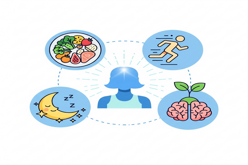 Ilustração que representa os pilares para combater a fadiga no centro uma pessoa com energia ao redor ícones de alimentação saudável exercícios físicos bom sono e saúde mental