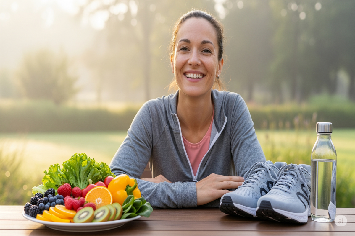 Perda de peso Mulher sorridente com elementos de um estilo de vida saudável prato com frutas e vegetais, tênis de corrida e garrafa de água.