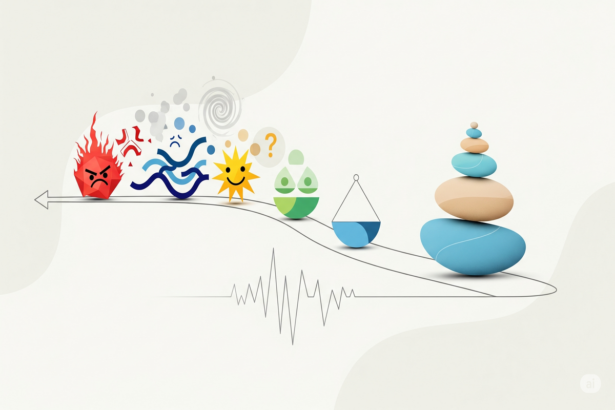 Um caminho ilustrativo que começa com ícones de emoções negativas e caóticas, como raiva e tristeza, e se transforma em um ponto de equilíbrio e estabilidade com pedras empilhadas.