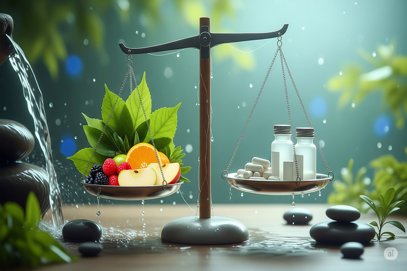Uma balança equilibrada com um prato contendo frutas e folhas frescas e o outro com frascos e cápsulas de suplementos, simbolizando a importância do equilíbrio entre a alimentação e a suplementação.