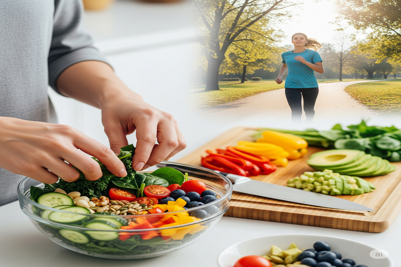 Uma composição de imagens. Em primeiro plano, mãos preparam uma salada colorida e saudável. Ao fundo, desfocada, uma mulher corre em um parque ensolarado.