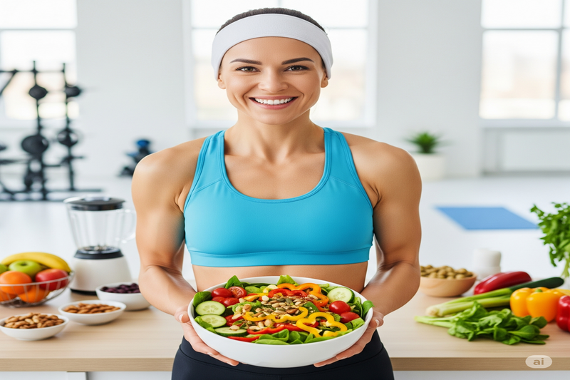 Uma mulher sorridente e saudável, segurando uma grande tigela de salada colorida, com um ambiente de academia e alimentos frescos ao fundo, simbolizando a conexão entre dieta equilibrada e fitness.
