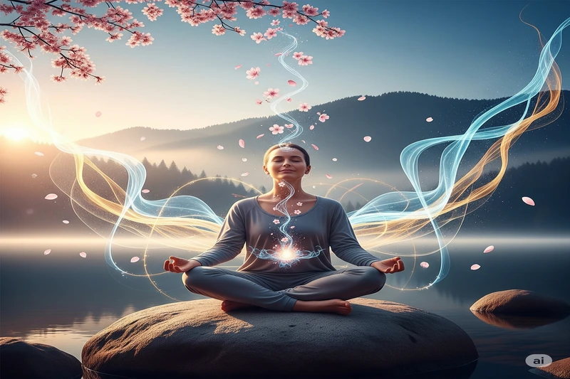 Uma pessoa em posição de meditação, sentada tranquilamente sobre uma rocha em um lago, com um fundo de montanhas e o nascer do sol, simbolizando calma, saúde mental e paz interior.