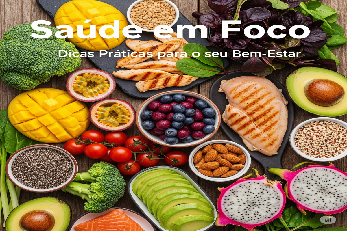 Uma vista aérea de uma mesa de madeira com uma variedade de alimentos saudáveis. No centro, há tigelas com mirtilos, amêndoas e sementes de chia, ladeadas por pedaços de frango grelhado e salmão. Ao redor, estão dispostos de forma artística brócolis, tomates cereja, abacate fatiado, manga, maracujá e pitaia. O texto "Saúde em Foco" e "Dicas Práticas para o seu Bem-Estar" aparece no topo da imagem.