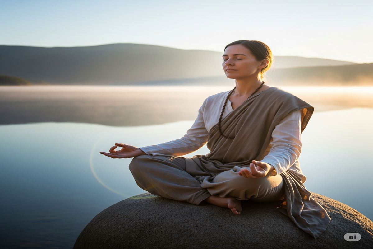 dificuldade de concentraçãopessoa meditando em uma rocha à beira de um lago, com o nascer do sol no horizonte.