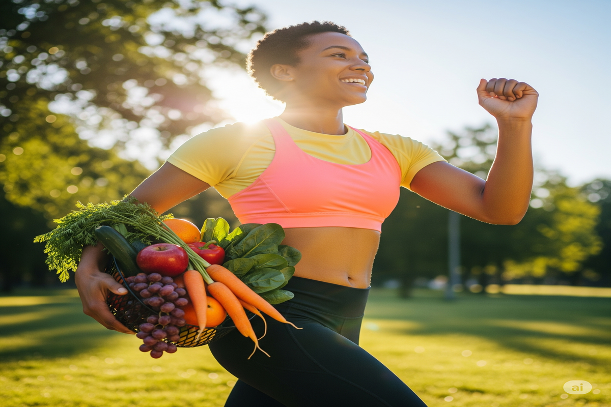 emagrecimento saudável Mulher negra sorridente, em roupas de ginástica, correndo em um parque enquanto segura uma cesta cheia de frutas e vegetais frescos. O sol brilha ao fundo.