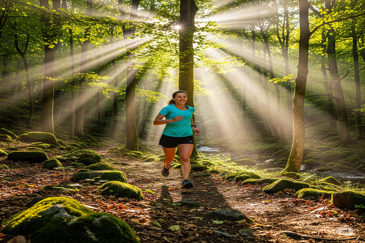 exercicios fisicos Uma mulher sorrindo e correndo em uma trilha ensolarada na floresta, com raios de sol filtrando-se pelas árvores.