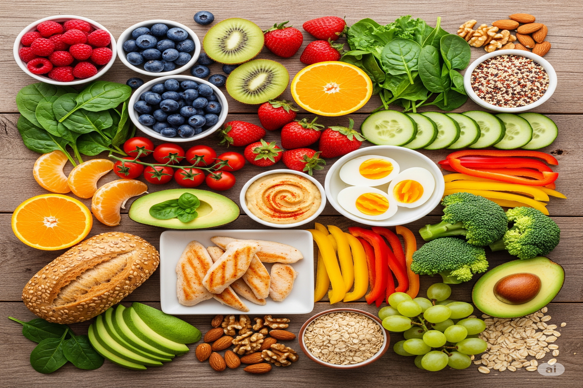 ma visão de cima de uma variedade de alimentos saudáveis e coloridos, incluindo frutas, vegetais, proteínas magras e grãos, organizados sobre uma mesa de madeira rústica.