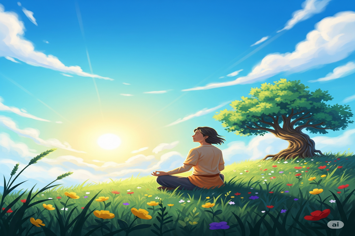 pessoa meditando em uma colina verdejante, banhada pela luz do sol, com o céu azul e algumas nuvens. Flores coloridas e uma árvore ao fundo criam uma atmosfera de calma e bem-estar.