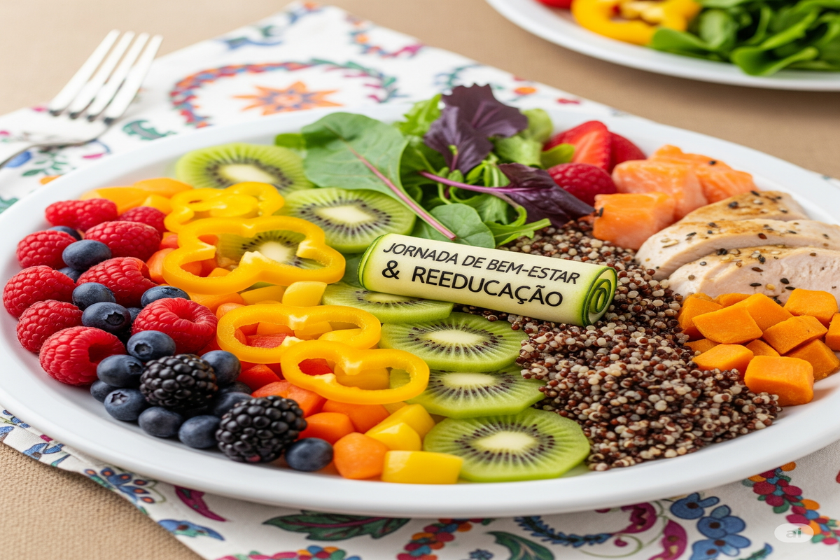 reeducação alimentar Um prato colorido e balanceado com frutas, vegetais, proteína e grãos. Uma faixa de pepino enrolada tem a frase Jornada de Bem-estar & Reeducação
