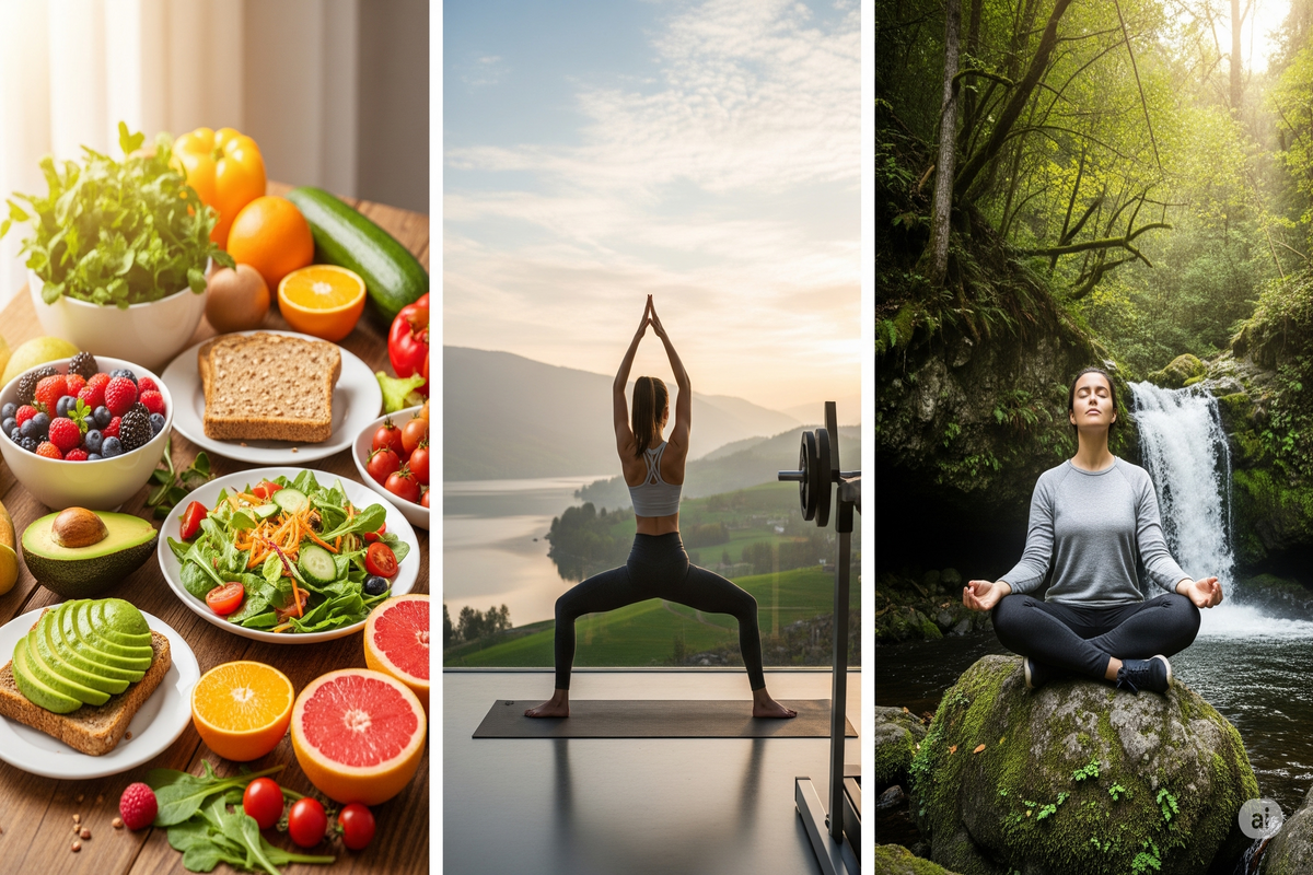 vida saudável Composição de três painéis. O primeiro exibe uma mesa com alimentos saudáveis, como salada, abacate, frutas e pão integral. O painel central mostra uma mulher praticando yoga
